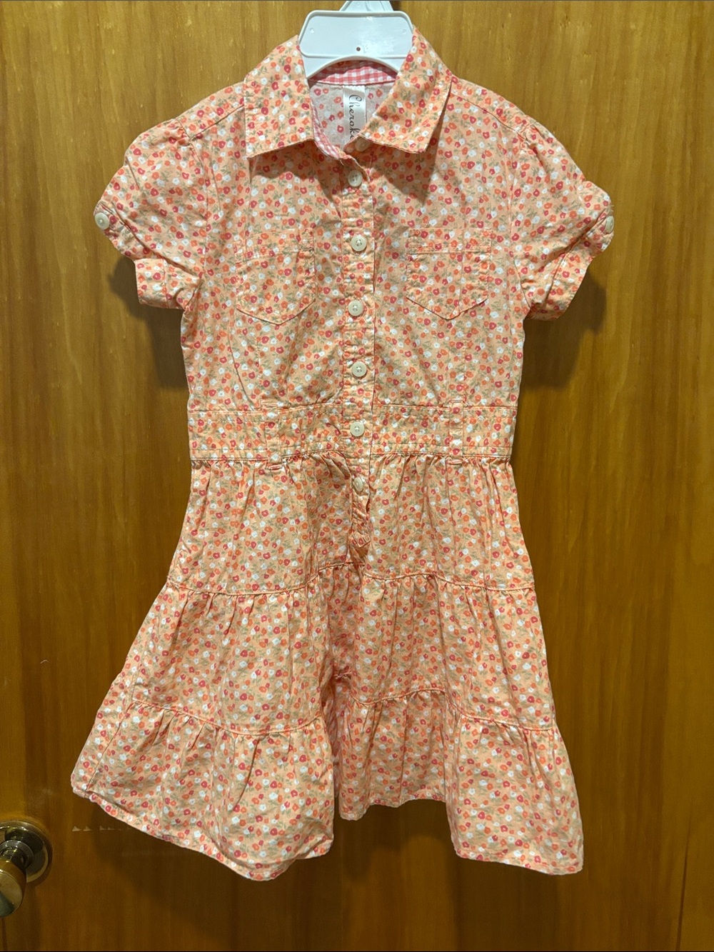 Cherokee Peach Floral Short Sleeve Button-Front Dress